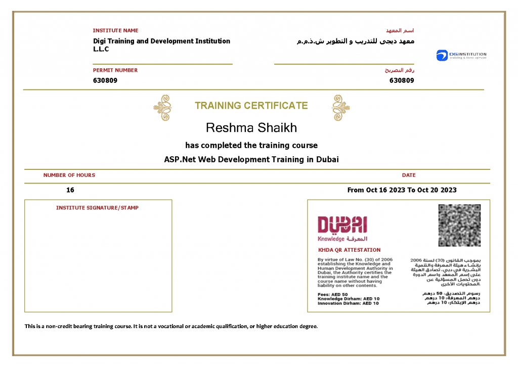 KHDA Certificate for ASP.NET Web Development Training in Dubai