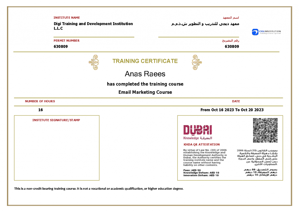 KHDA Certificate for Email Marketing Course in Dubai