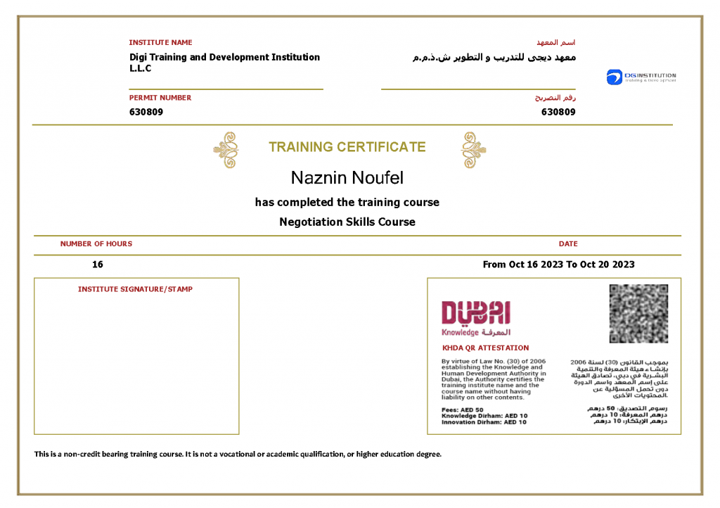 KHDA Certificate for BNegotiation SKills Course in Dubai