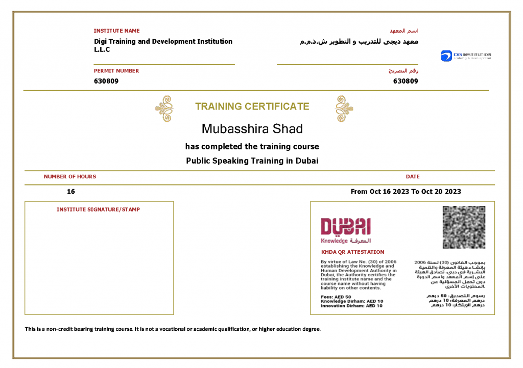 KHDA Certificate for Public Speaking Training in Dubai