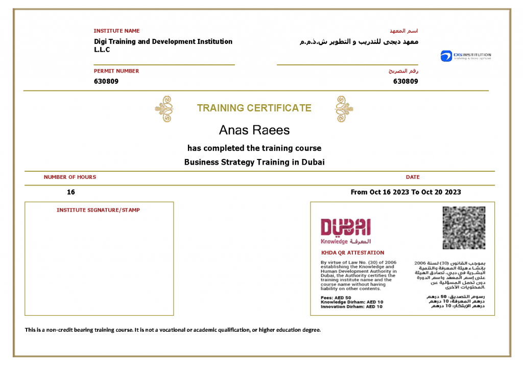 KHDA Certificate for Business Strategy Training in Dubai