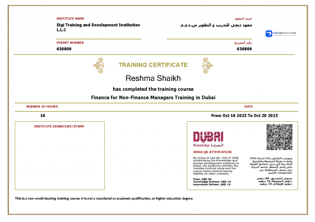 KHDA Certificate for Finance for non-finance managers Training in Dubai