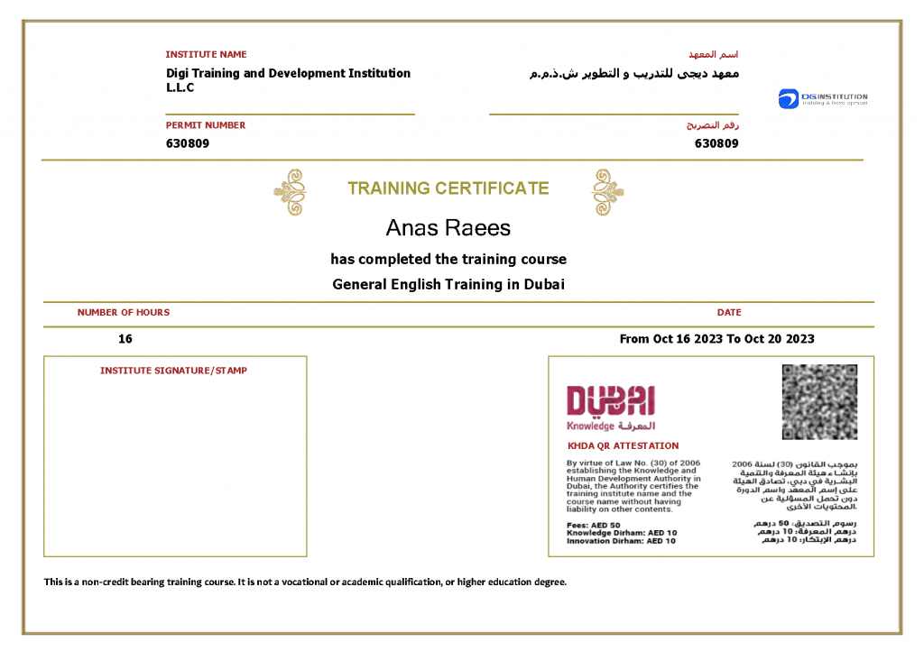 KHDA Certificate for General English Training course in Dubai