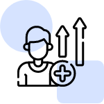 An icon depicting a person's profile with a plus sign and two upward-pointing arrows, suggesting under growth or adding a new user.