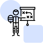 An icon of a person standing next to a whiteboard displaying a strategy or a game plan.