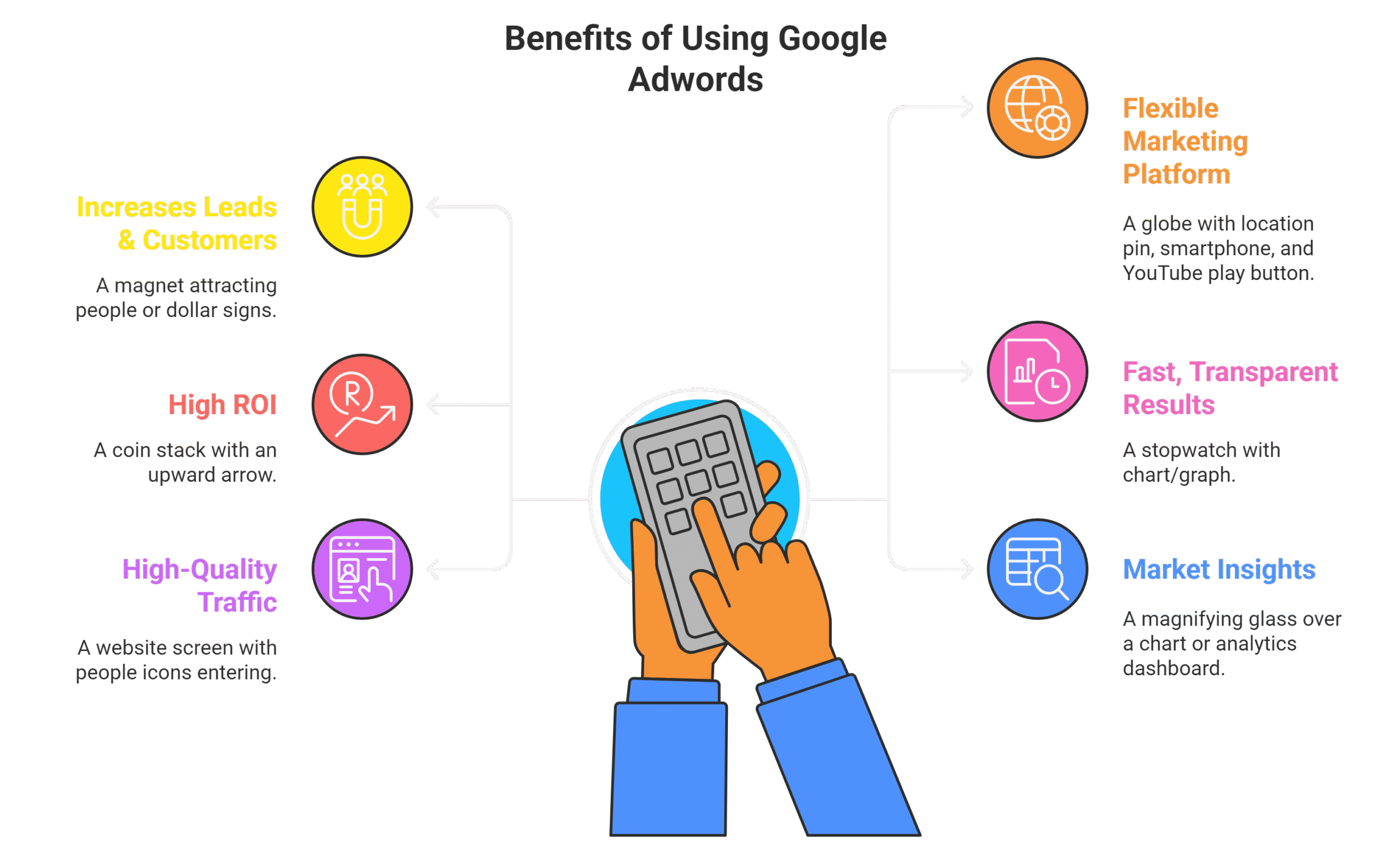 Infographic showing six benefits of using Google Ads with icons: Increases Leads & Customers, Flexible Marketing Platform, High ROI, Fast Transparent Results, High-Quality Traffic, and Market Insights.