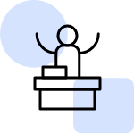 An icon of a person standing behind a table with arms raised.