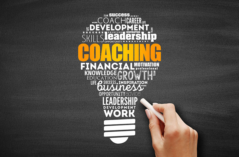 A hand holds a piece of chalk, writing on a dark chalkboard background. The chalk is drawing a lightbulb outline, and various words related to success, development, and business coaching are written around it.