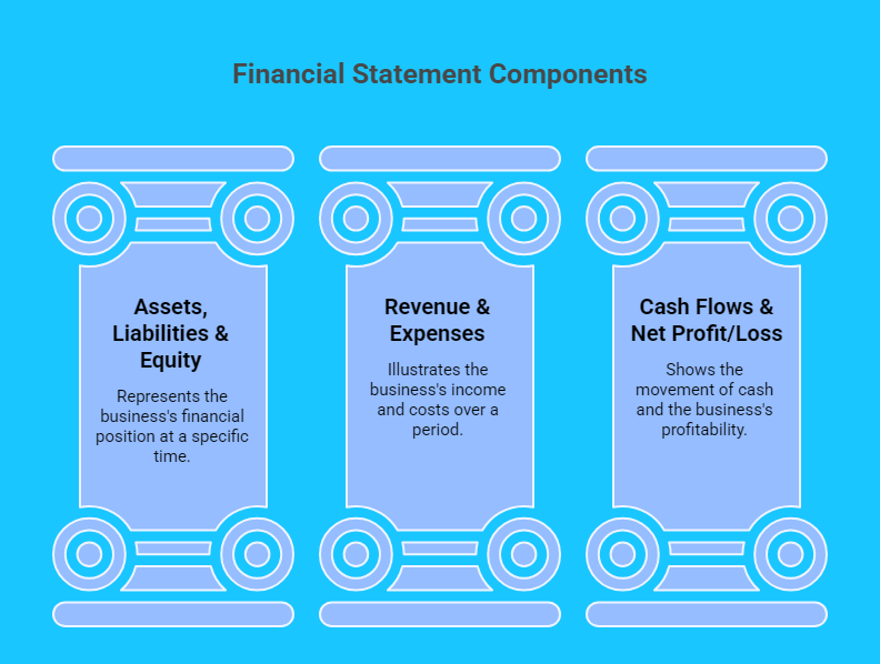 Infographic showing three financial statement components as pillars: Assets, Liabilities & Equity (business’s financial position), Revenue & Expenses (income and costs over time), and Cash Flows & Net Profit/Loss (movement of cash and profitability).