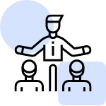 An icon depicting a role, with arms outstretched, standing above two other people.