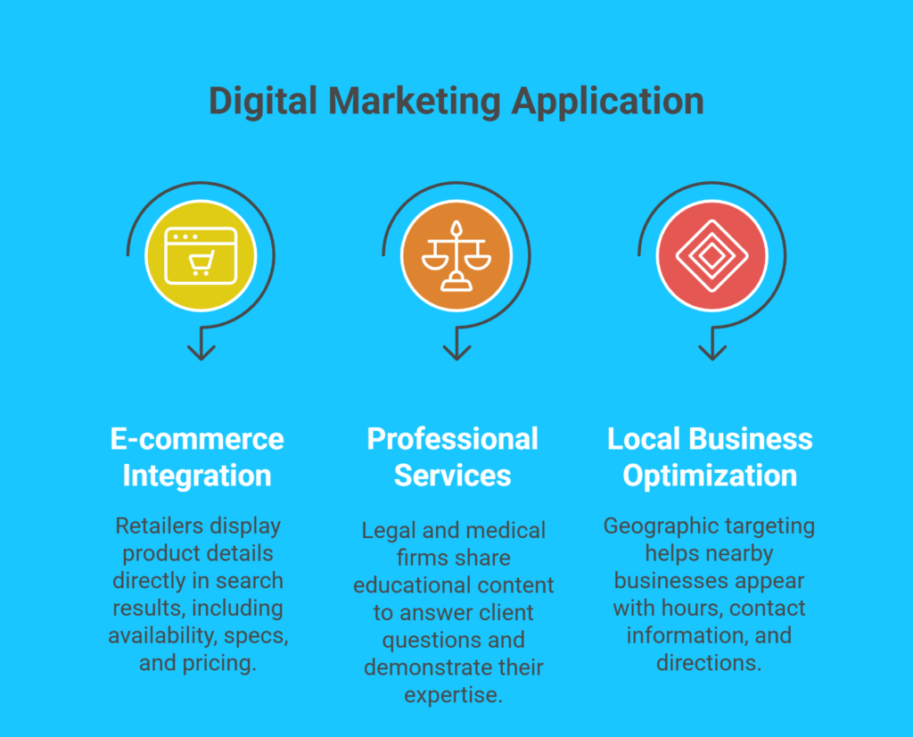 Digital Marketing Applications: E-commerce, Professional Services, and Local Business Optimization infographic.