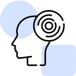 A side profile outline of a human head with a target or radiating signal icon overlaid near the temple.
