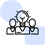 An icon of three stylized figures with a lightbulb above their heads representing a team or collaborative idea.