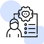 An icon representing a person next to a document or list with a gear icon containing a heart symbol at the top.