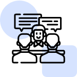 An icon depicting three people with speech bubbles above their heads, representing a discussion or meeting.