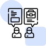 An icon depicting two speech bubbles, each containing a document or file symbol, positioned above two stylized human figures.