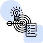 An icon representing goal setting and achievement, featuring a lightbulb for ideas, a target with a dart hitting the bullseye, and a checklist completed.