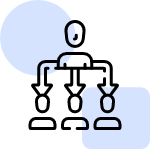 An icon depicting a hierarchical structure or a distribution flow. A single figure at the top is connected by lines to three figures at the bottom.
