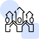 An icon depicting three stylized figures with upward-pointing arrows above their heads, symbolizing growth, progress, or upward mobility.