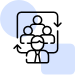 An icon depicting a group of people within a rounded rectangle, with circular arrows indicating a process or cycle involving teamwork or collaboration.