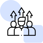 An icon displaying of three stylized human figures with upward-pointing arrows above their heads, indicating growth or progress.
