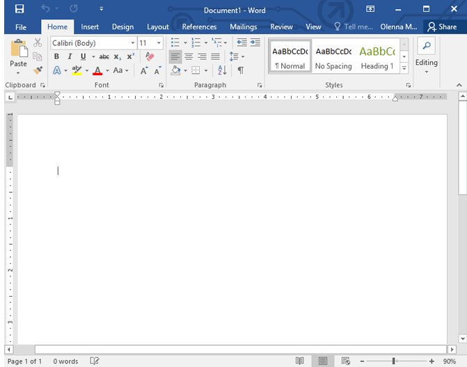 A screenshot of a blank Microsoft Word document, displaying the ribbon interface with File, Home, Insert, Design, Layout, References, Mailing, Review, and View tabs, and a blank document area ready for text input.