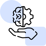 The image shows a graphic of a hand holding a brain and a gear.