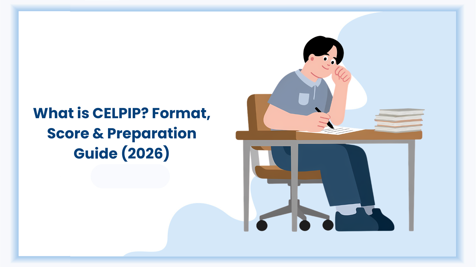 The blog banner features an illustration of a person sitting at a desk with papers, appearing to be in deep thought or studying. The accompanying text reads: "What is CELPIP? Format, Score & Preparation Guide (2026).